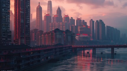 Poster - Urban landscape featuring a bridge spanning a river, suitable for use in city guides or travel publications