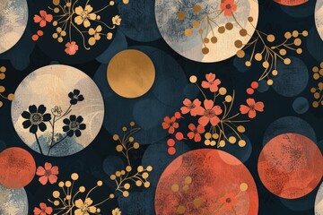 Poster - A geometric design featuring interlocking circles and flowers on a dark background, ideal for use in designs where subtle texture is needed