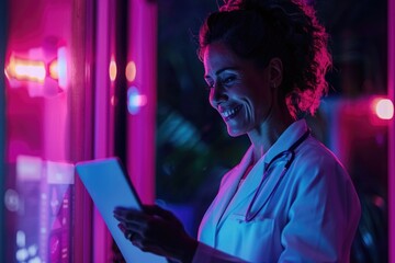 Poster - A healthcare professional examining a digital tablet while wearing a stethoscope, for medical or educational purposes