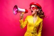© NeuralStudio - A woman in a bright yellow blazer and red glasses holding a white and red megaphone shouting against a pink background she seems passionate and expressive of her emotion