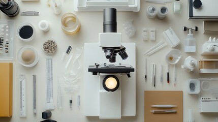 Poster - A White Microscope Surrounded by Laboratory Equipment on a White Surface