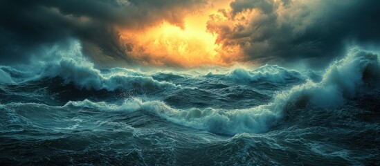 stormy sea with dramatic sunset