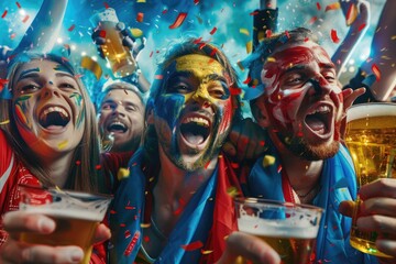 Aufkleber - Group of people celebrating with colorful face paint and confetti