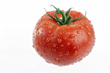 Poster - A ripe red tomato with water droplets glistening on its surface, perfect for use in food or still life photography