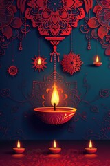 Poster - A handmade design of a diya lamp on a paper cut