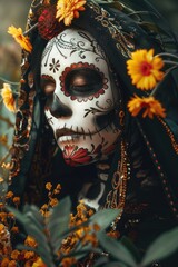 Poster - A woman wearing sugar skull makeup and flowers in her hair, ready for a celebration or costume event