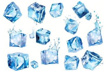 Poster - Fresh and melting ice cubes with water droplets, perfect for summer or beverage illustration