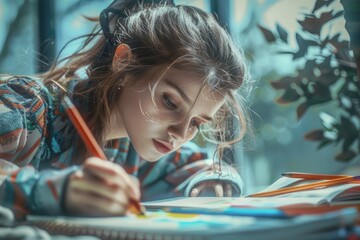 Poster - A young girl sitting at a table, drawing with colored pencils