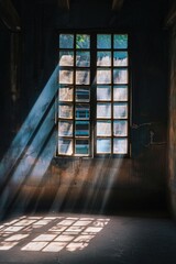 Poster - A sunny ray illuminates an old building's window, offering a glimpse into its interior