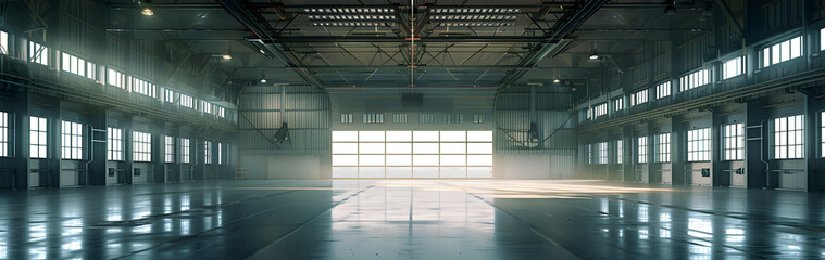 Poster - empty factory or industrial warehouse facility interior hanger or workshop building as huge stage space