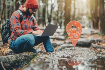 Poster - A person sitting on a rocky outcropping using a laptop for work or study