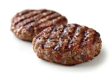 Poster - Freshly cooked hamburger patties served on a clean white plate, perfect for casual dining or food styling