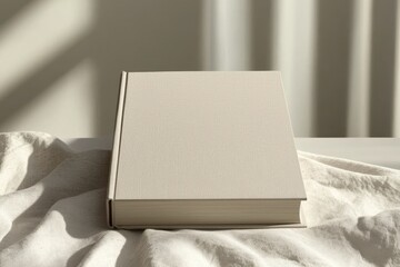 Wall Mural - minimalist beige book cover design template on soft fabric surface with natural light shadows