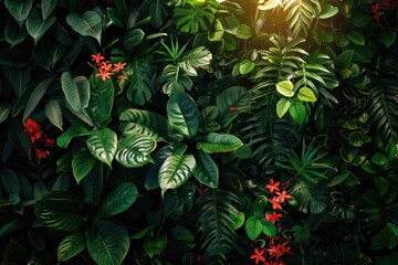 Poster - Bright sunlight illuminates a bed of colorful leaves and flowers