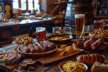 Wall Mural - A wooden table set with various plates of food