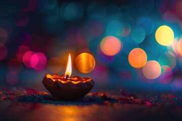 Poster - A single lit candle sitting on a table