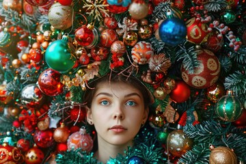 Wall Mural - A woman wearing a festive wreath stands in front of a decorated Christmas tree