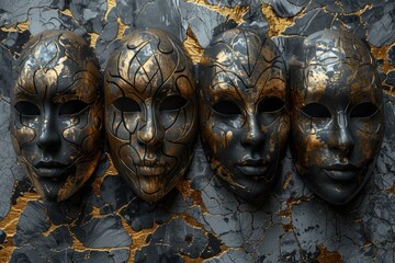 Poster - A collection of three face masks placed on a table, suitable for use in various settings such as parties or costumes