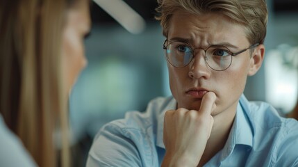 Wall Mural - A person in glasses gazing at a woman wearing a blue shirt, informative and straightforward description for searching images