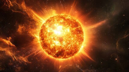 Wall Mural - star glowing intensely during its main sequence phase, with visible solar flares and radiation burst