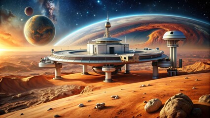Wall Mural - Futuristic of a station on Mars with space exploration and alien planet theme, Mars, station, space, exploration
