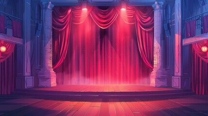 Poster - A stage with a red curtain and bright lights
