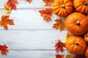 Wall Mural - Autumn background with pumpkins and leaves on white wooden background. Thanksgiving concept with copy space .geneative ai