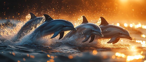 Dolphins leaping through water at sunset, creating a dynamic scene.