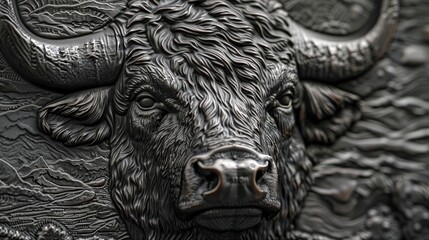 Poster - A detailed image of a bull's face on a statue