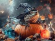 © I Have Photos - A whimsical frog with a witch's hat rests atop a pumpkin, surrounded by colorful potions and autumn leaves.