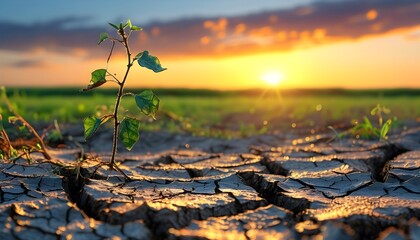 Struggling plant in parched earth highlighting drought challenges and its effects on agriculture, emphasizing environmental issues and water scarcity