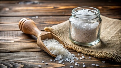 Wall Mural - Wooden scoop of sea salt in glass jar on rustic wooden table with natural lighting