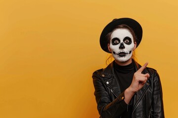 Canvas Print - A woman wearing makeup that gives the appearance of having a skull-like face, a unique and creative expression