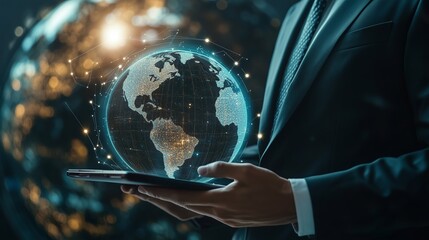 Poster - Business professional holding a digital globe while standing in front of a large globe representing globalization in a corporate setting