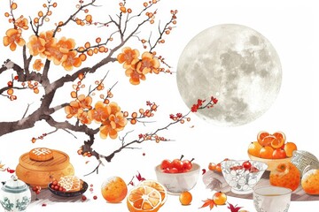 Wall Mural - A still life of oranges and various fruits on a wooden table