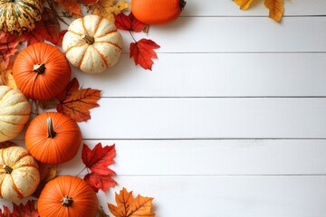 Wall Mural - Autumn background with pumpkins and leaves on white wooden background. Thanksgiving concept with copy space .geneative ai