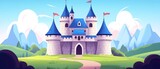 Colorful cartoon castle with peaks, cloud backdrop, and vibrant landscape.