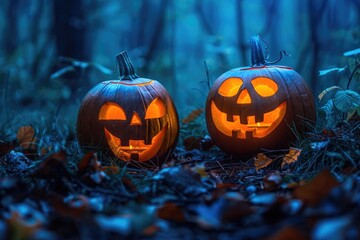 Poster - Two carved pumpkins sitting on the ground in a woodland setting, perfect for autumn or halloween-themed projects