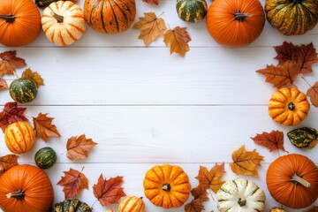 Wall Mural - Autumn background with pumpkins and leaves on white wooden background. Thanksgiving concept with copy space .geneative ai