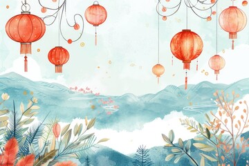 Poster - A beautiful illustration of red lanterns hung from a tree branch, perfect for decorative or festive purposes