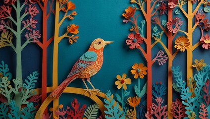 Naklejka na meble Colorful paper cut-out art with flowers, trees, and a bird on blue.