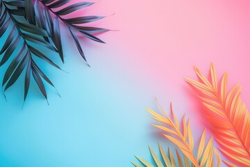 Poster - A pink and blue background featuring palm leaves, perfect for design and decoration