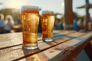 Aufkleber - Two glasses of beer sitting on a wooden table