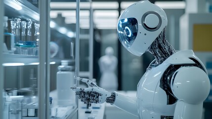 Poster - A humanoid robot carefully handling a test tube in a laboratory setting.