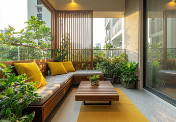 Design an apartment balcony with wooden furniture, plants, and yellow pillows for relaxation.