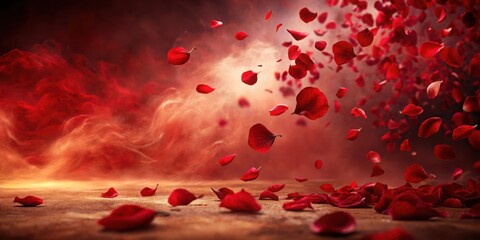 Wall Mural - red rose petals flying in a swirling sandstorm with dramatic red hue backdrop