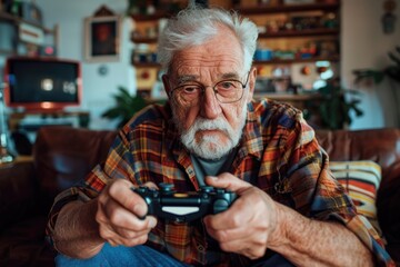 Poster - A person sitting on a couch with a video game controller, perfect for illustrations related to gaming and leisure activities