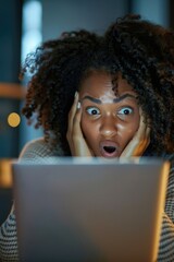 Aufkleber - A woman with a surprised expression looks at a laptop, possibly discovering something unexpected