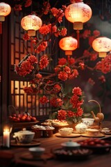 Poster - A wooden table set with plates of various foods