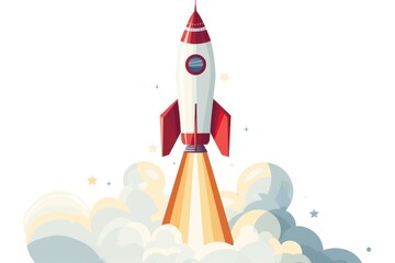 Poster - A red and white rocket soaring through the sky, ideal for use in space or technology-related themes